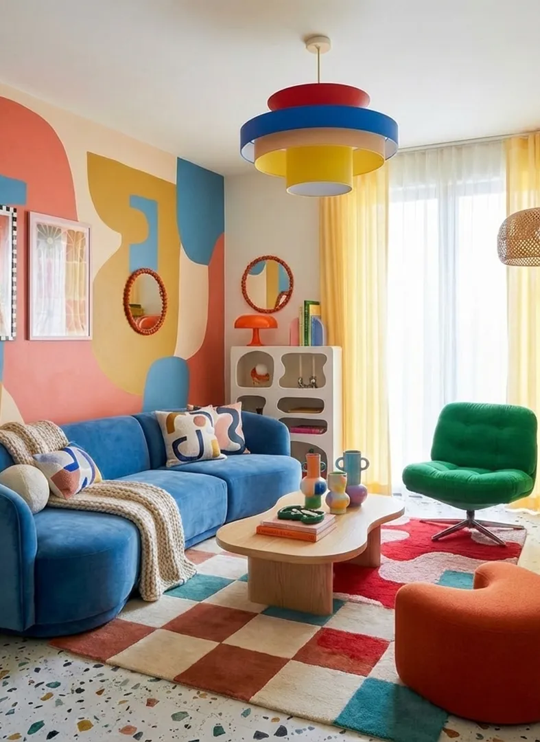 Vibrant room with bold colors, neon signs, and 1960s inspired pop-culture decor.
