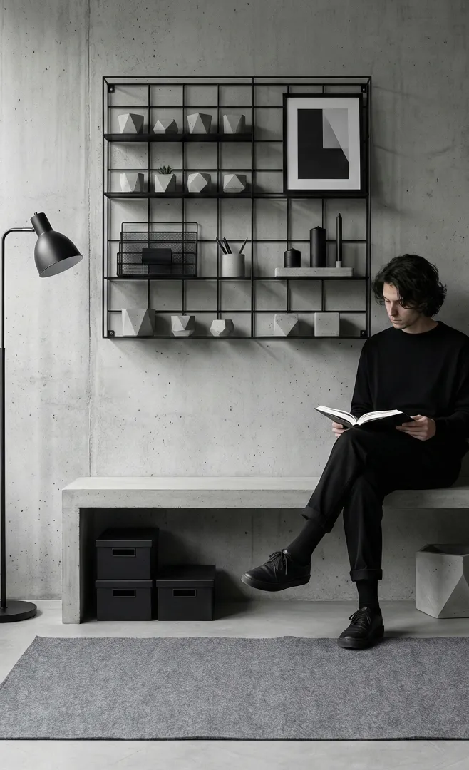 Raw concrete interior with minimalist furniture, sharp lines, and industrial lighting.