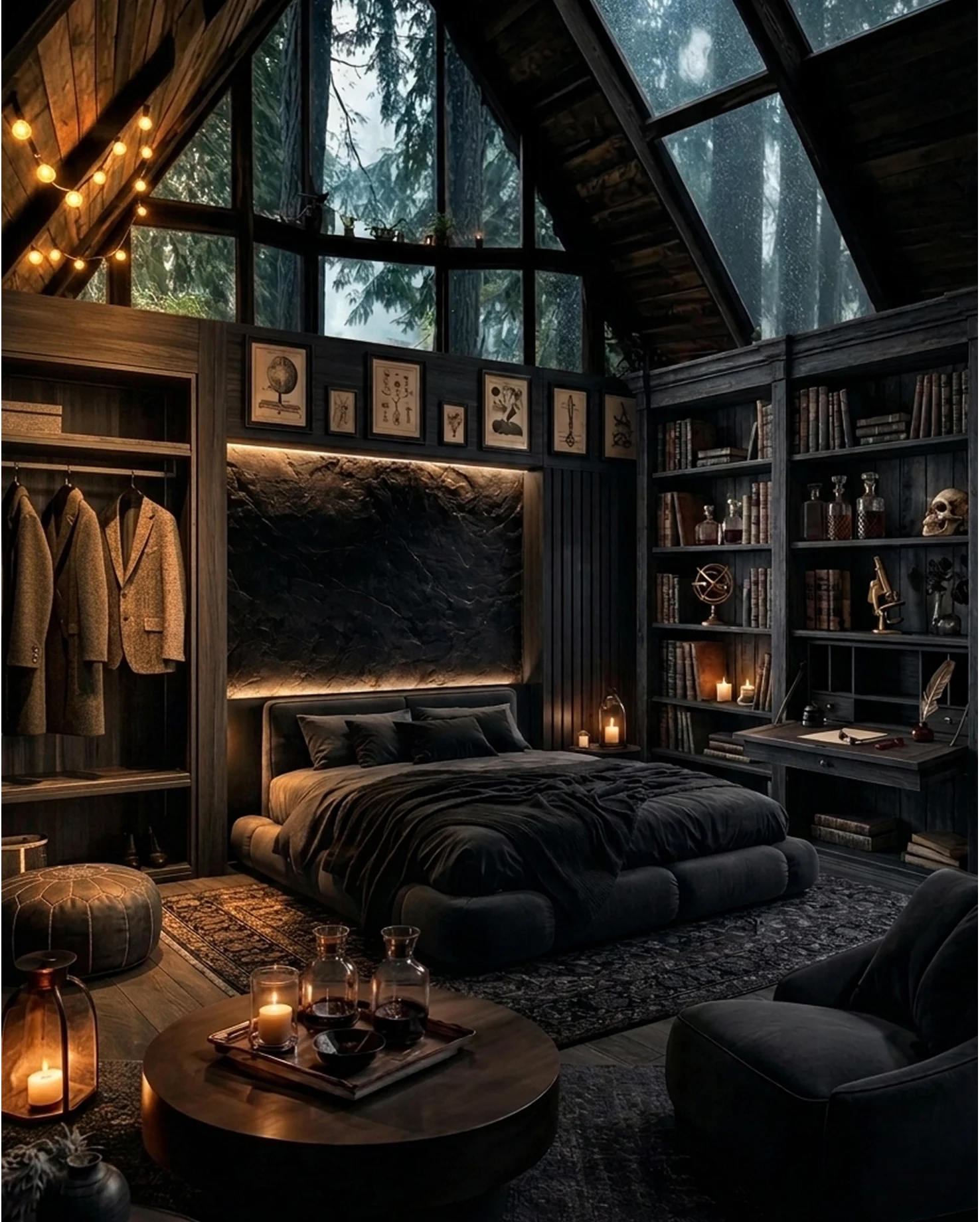 Moody library setting with dark wood bookshelves, vintage candles, and antique books.