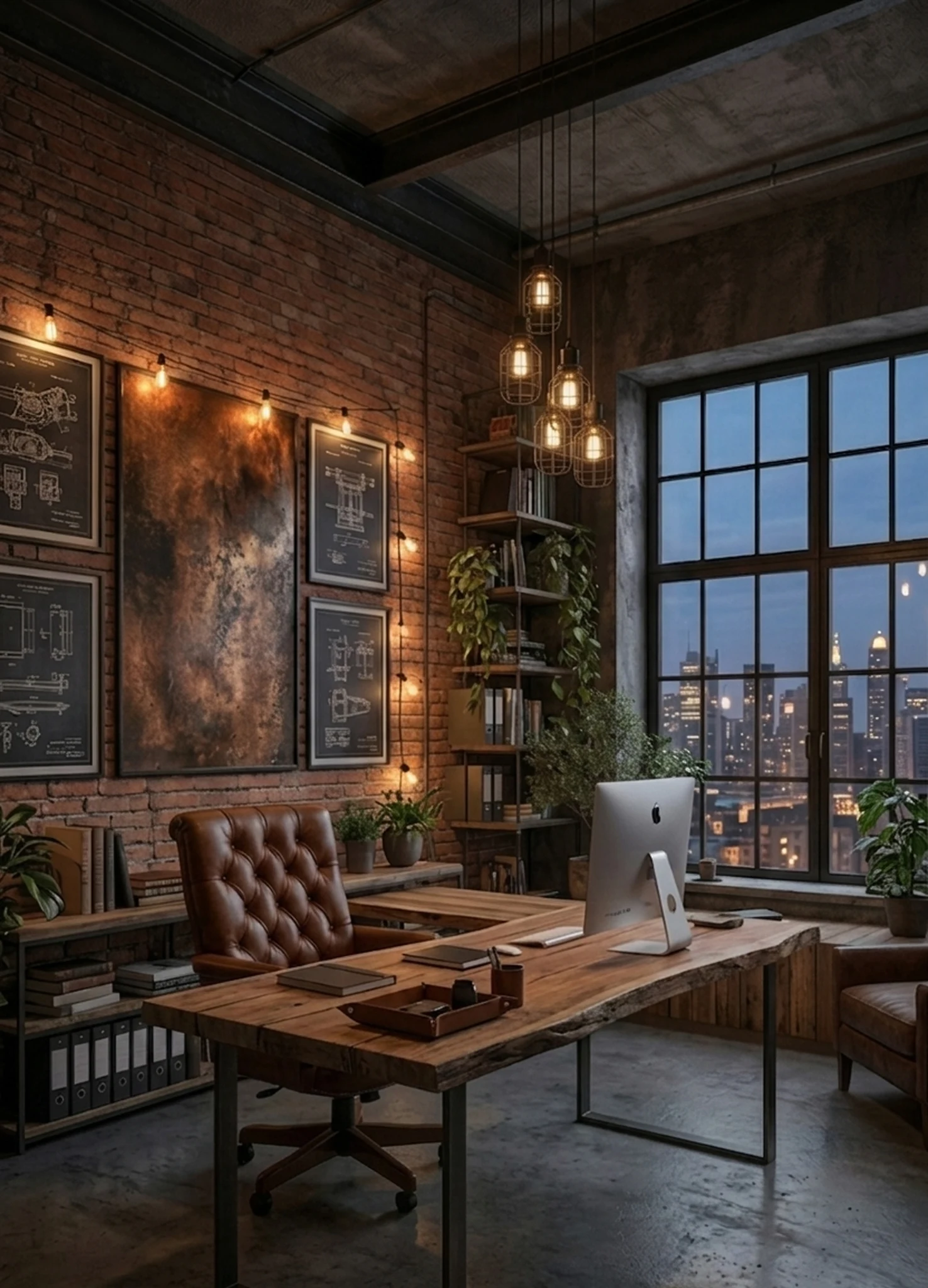 Open space apartment with exposed brick walls, high ceilings, and metal details.