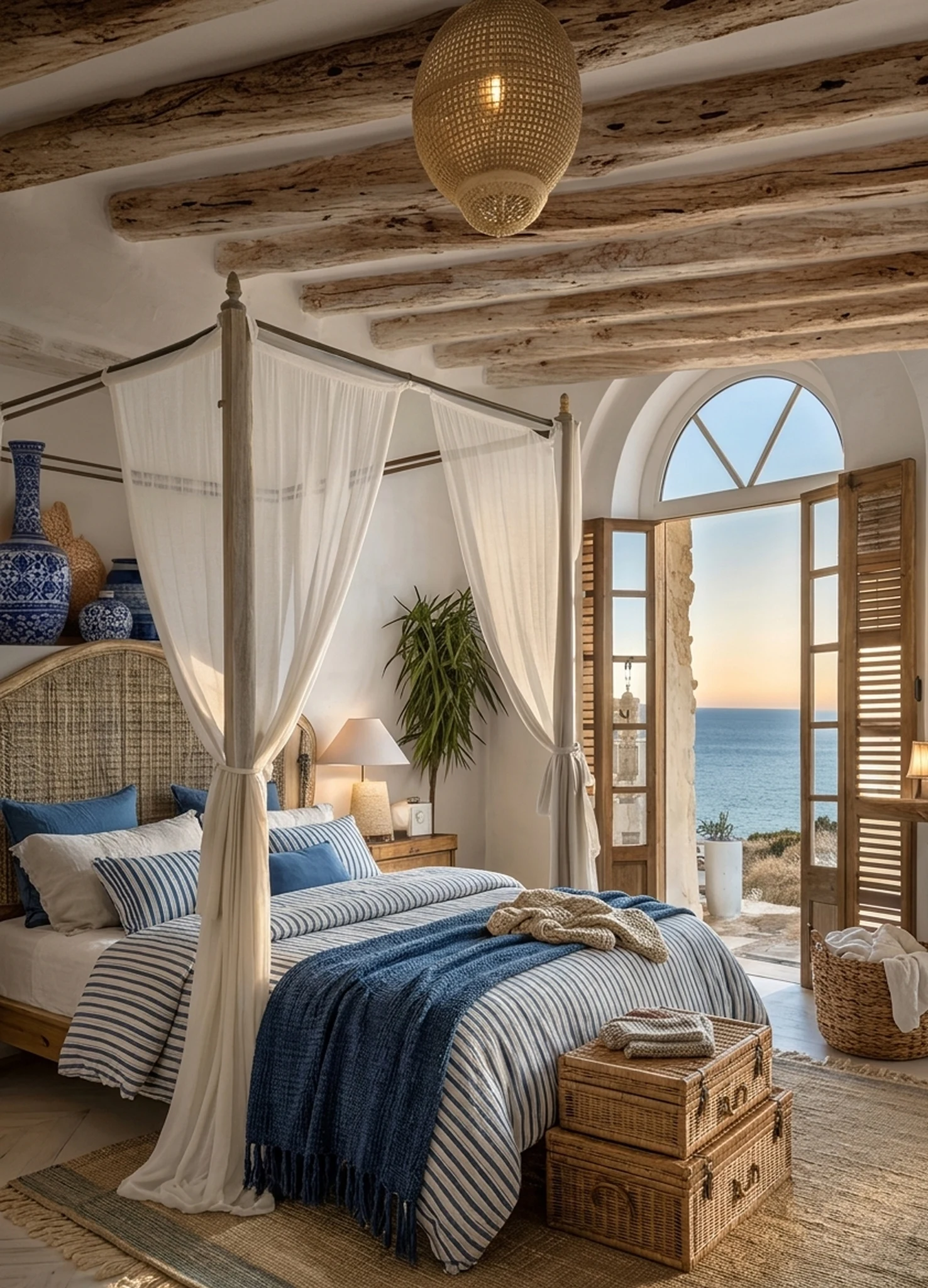 Warm, sun-drenched terrace with terracotta tiles, olive trees, and sea view.