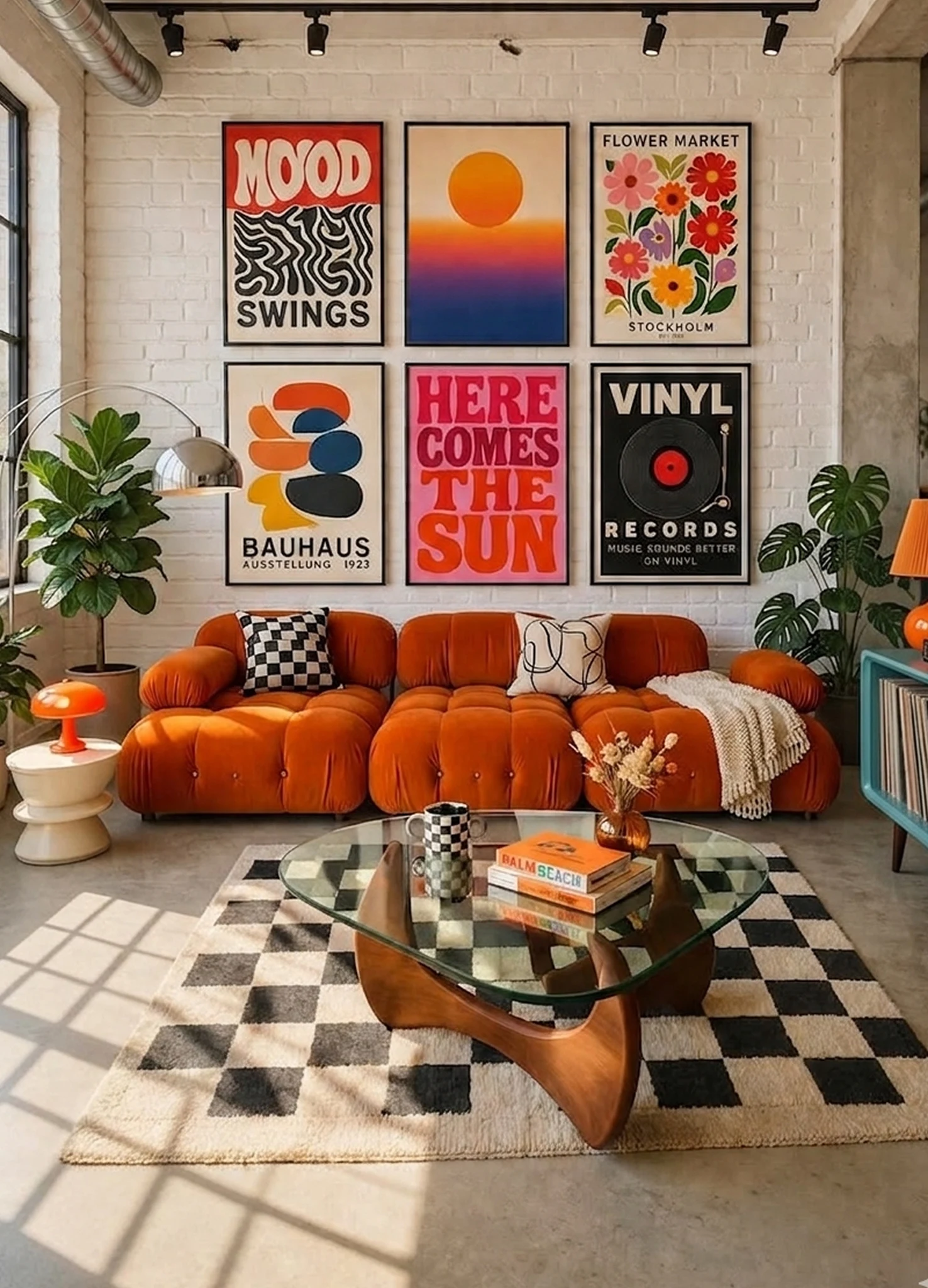 Vibrant room with bold colors, neon signs, and 1960s inspired pop-culture decor.