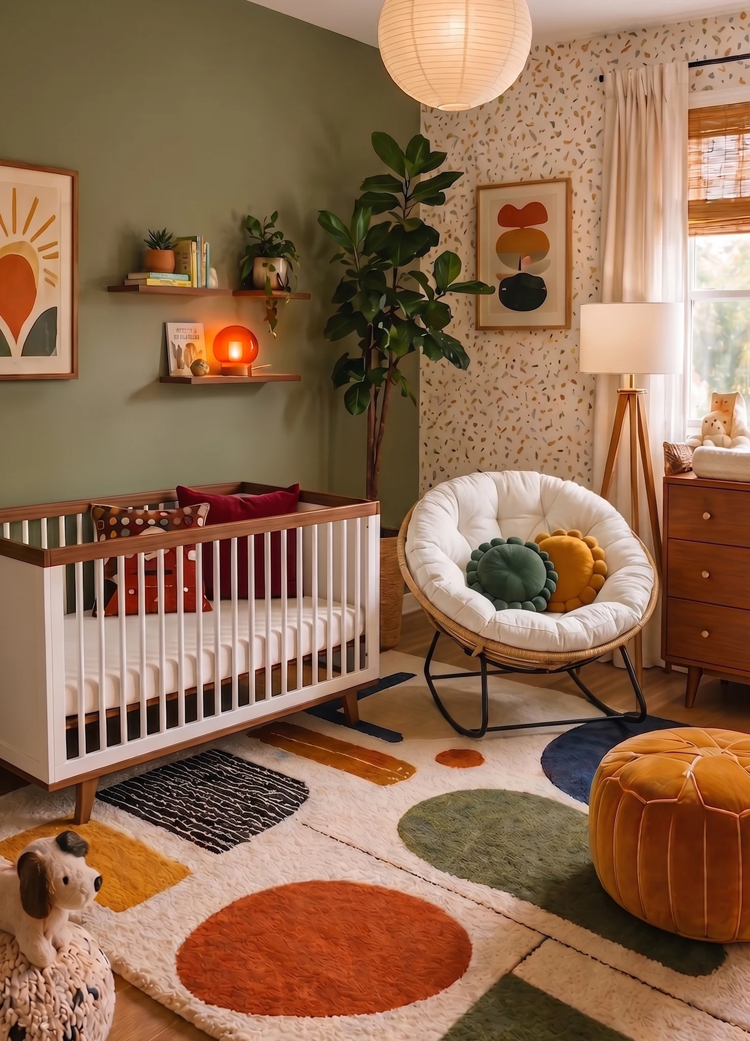 Retro-styled living room with tapered leg furniture and iconic 1950s color palette.