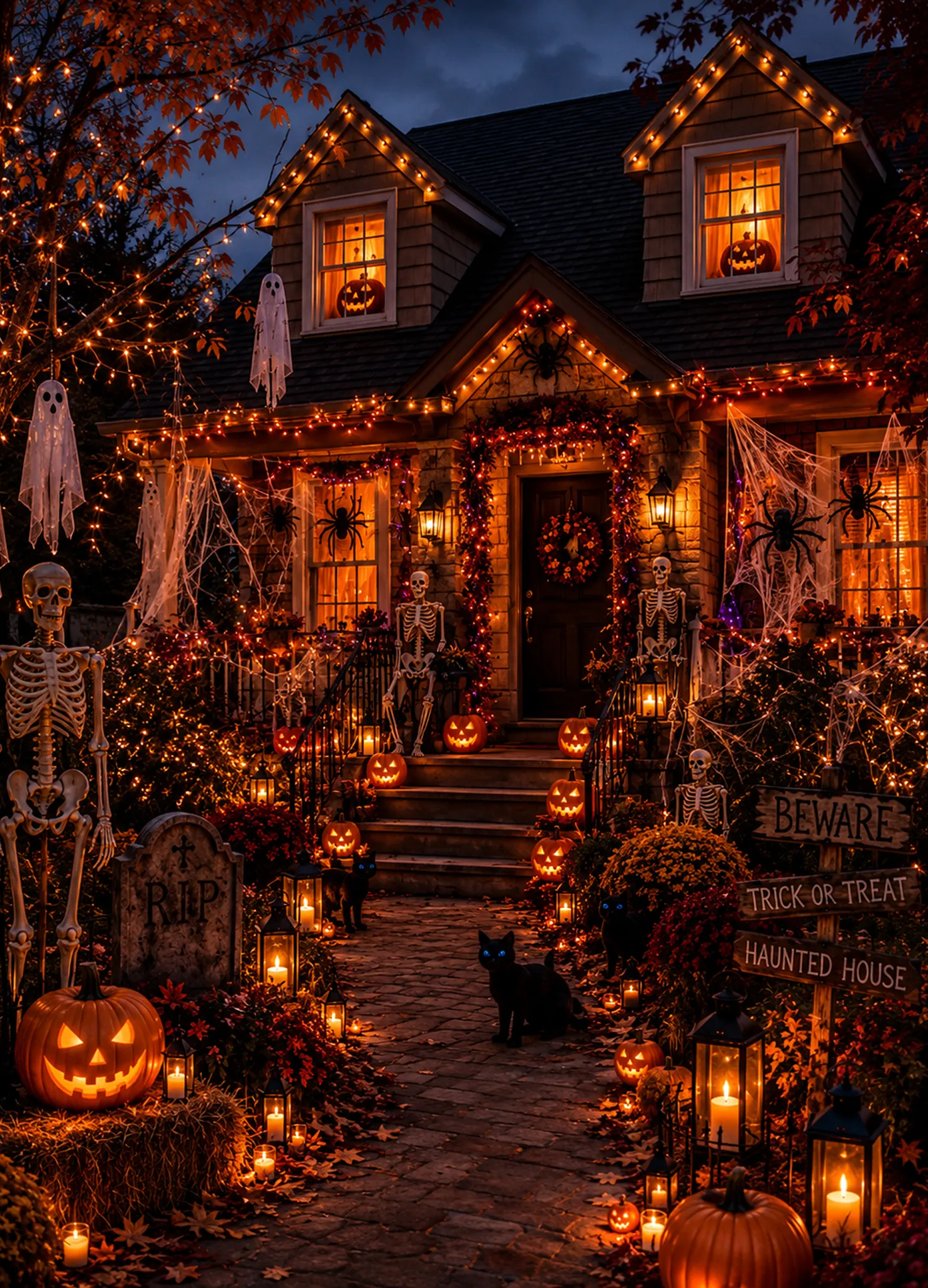 Halloween home décor with glowing pumpkins, festive decorations, and cozy autumn styling.