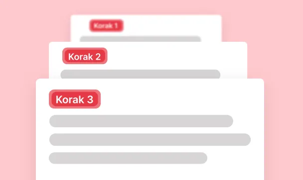 Three layered white cards with red labels reading Korak 1, Korak 2, and Korak 3 on a pink background.