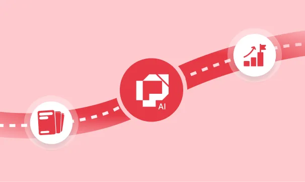 Red curved road on pink background with three circular icons representing documents, AI, and growth chart.