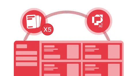 Red infographic showing a flow with five document icons on the left connected by a dotted arc to an Adobe Illustrator icon on the right, above a red block divided into six sections.