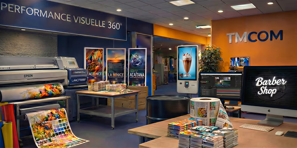 Modern printing workshop with large printer, orange accent wall, workstations with computers, and TMCOM signage.