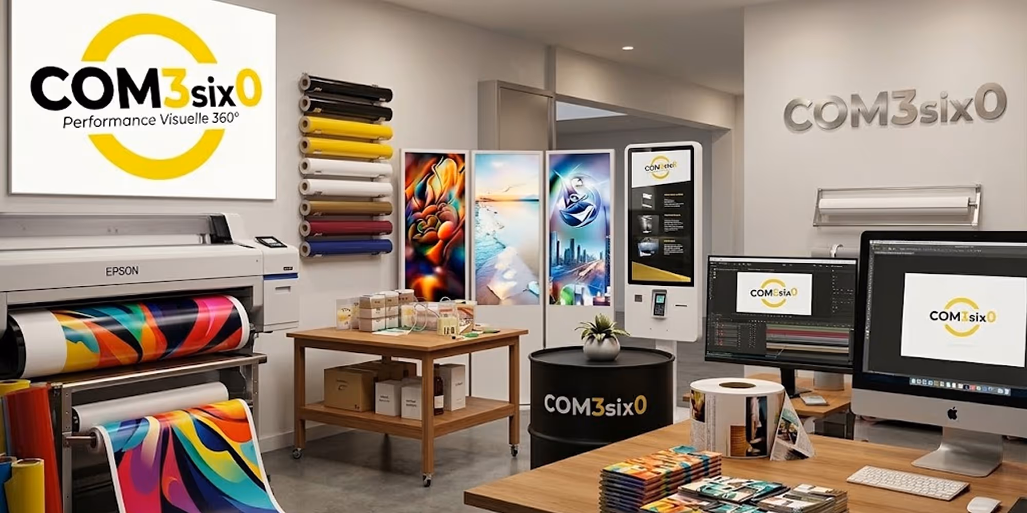 Modern printing workshop with large printer, orange accent wall, workstations with computers, and TMCOM signage.