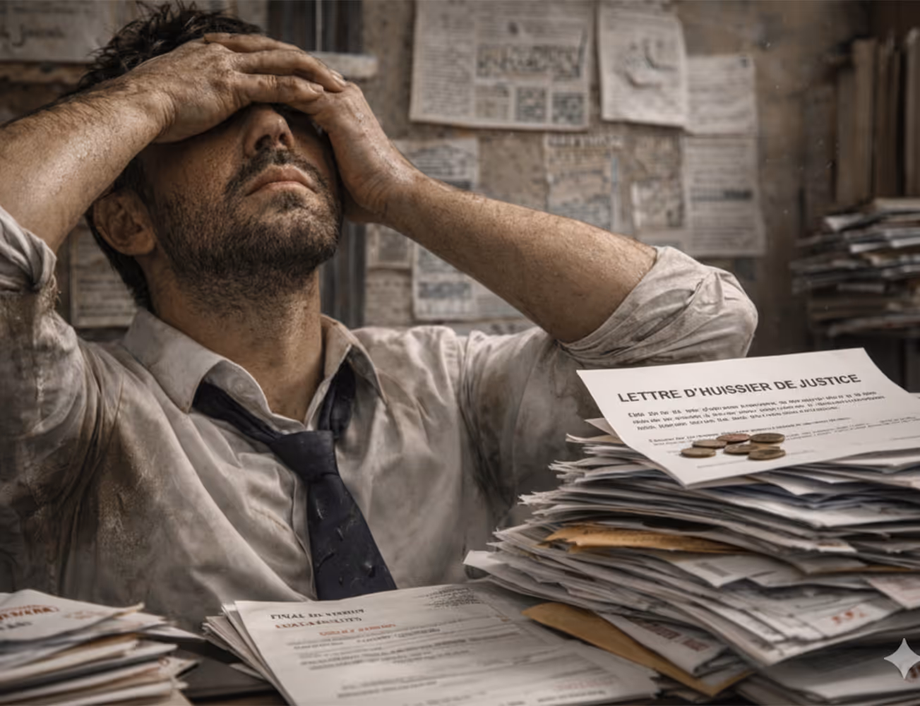 Man with rolled-up sleeves and loosened tie covering his eyes with both hands, looking stressed against a wall with pinned papers.
