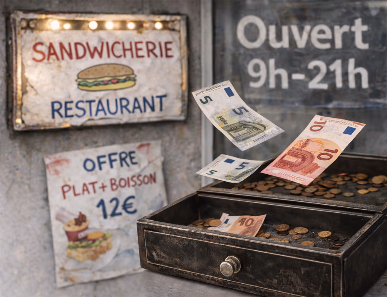 Open drawer with dollar bills and newspapers flying out against a wall covered with pinned newspapers.
