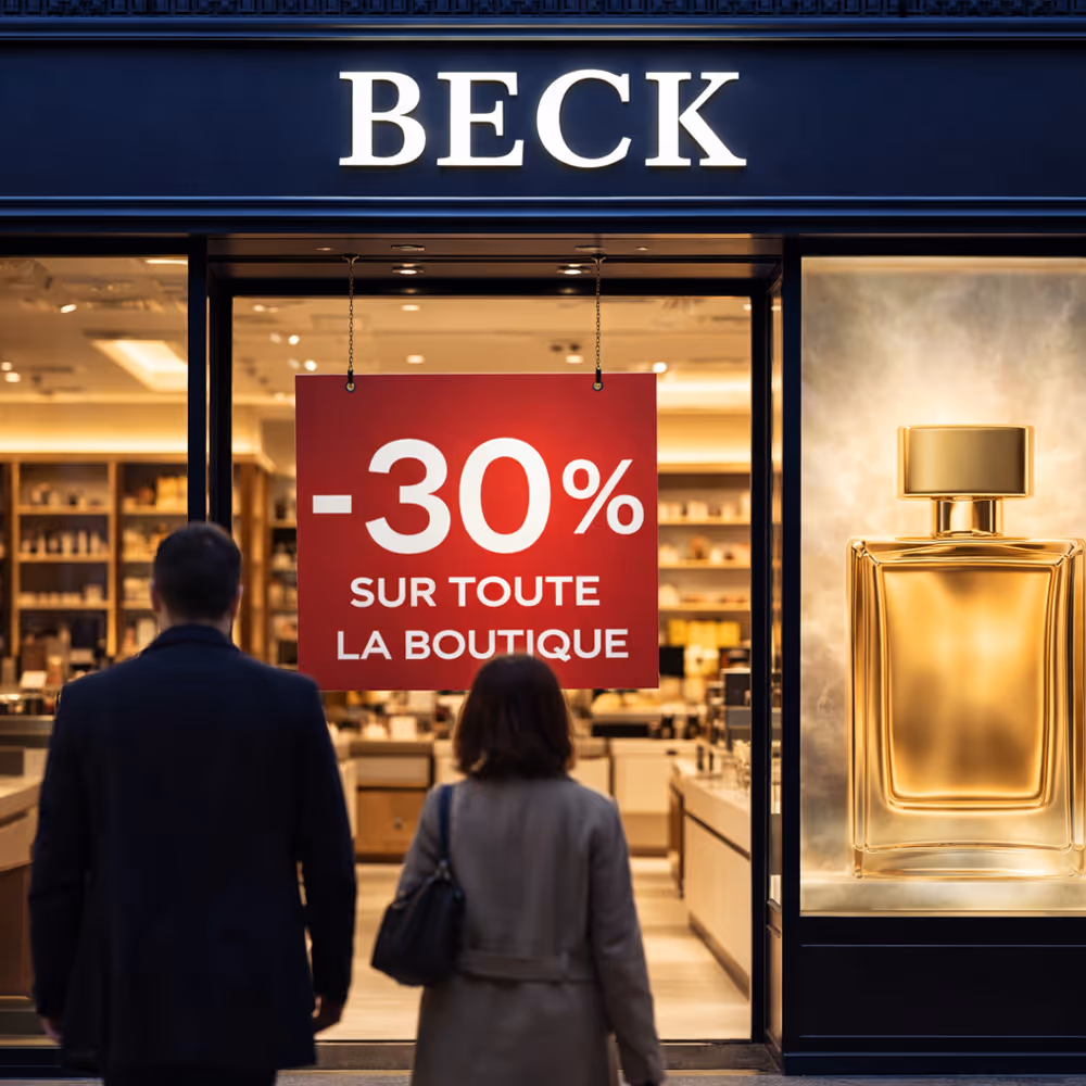 Smiling man wearing light blue shirt and beige apron standing with arms crossed outside a shop named L'Atelier.