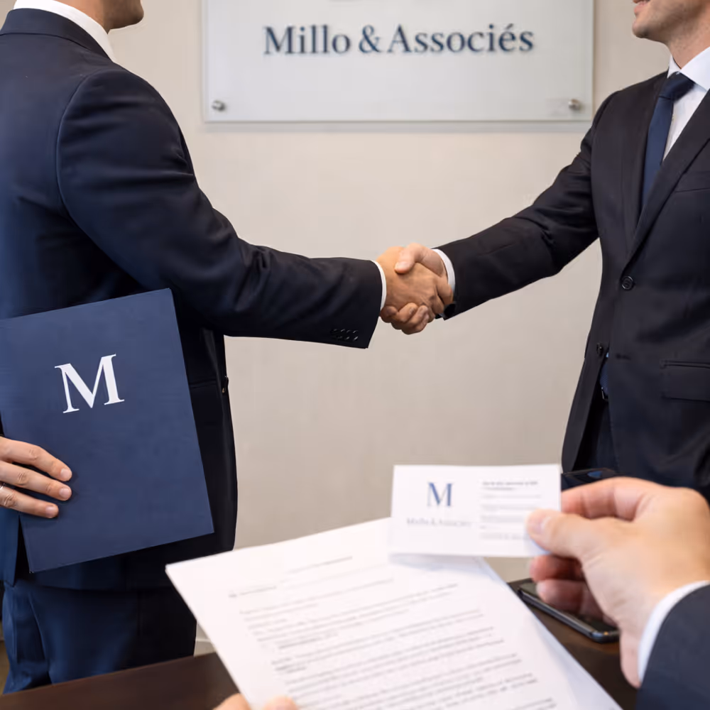 Smiling businessman in a blue suit giving a thumbs-up in an office lobby.