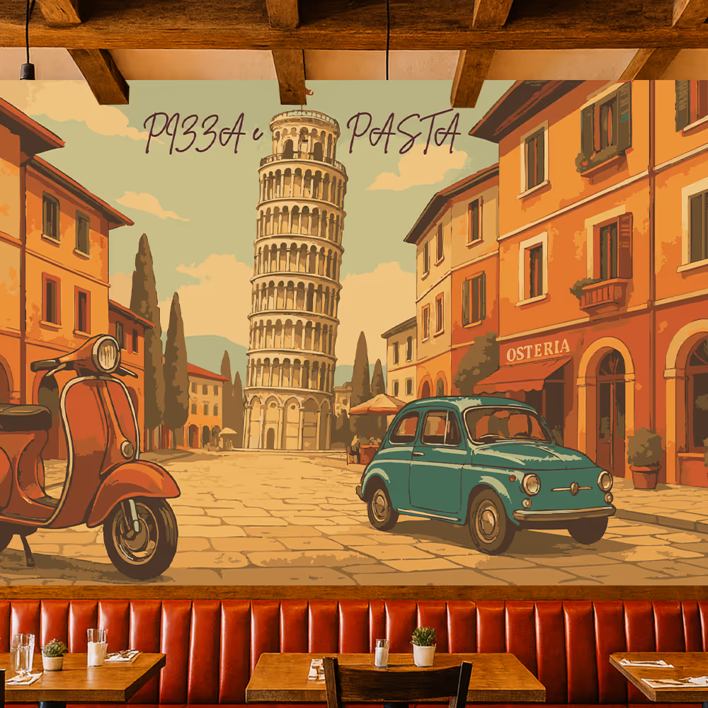 Illustration of the Leaning Tower of Pisa with a red scooter and blue vintage car on a cobblestone street in an Italian town, with orange buildings and a red restaurant booth below.