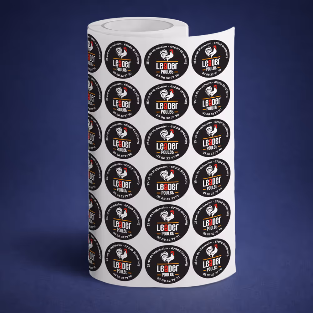 Roll of round black stickers featuring a white rooster logo and text reading 'Leader Poulet' with an address and phone number.