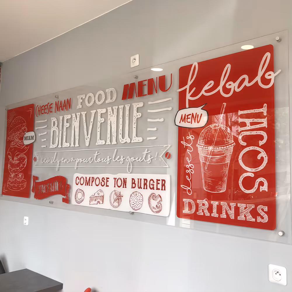 Restaurant food menu board with sections for cheese naan, kebab, tacos, drinks, desserts, and build-your-own burger ingredients.