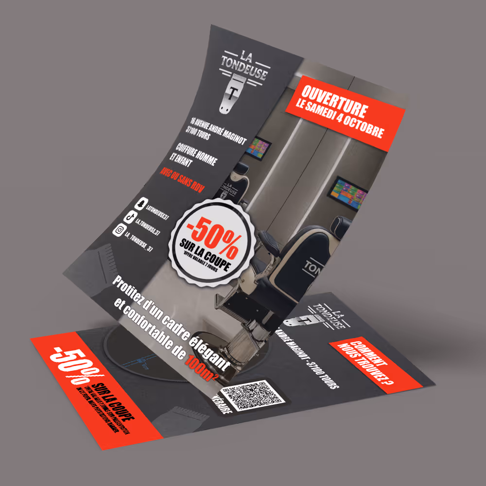 Tri-fold flyer for La Tondeuse barbershop announcing opening on Saturday, October 4, with 50% discount on haircuts and contact information.