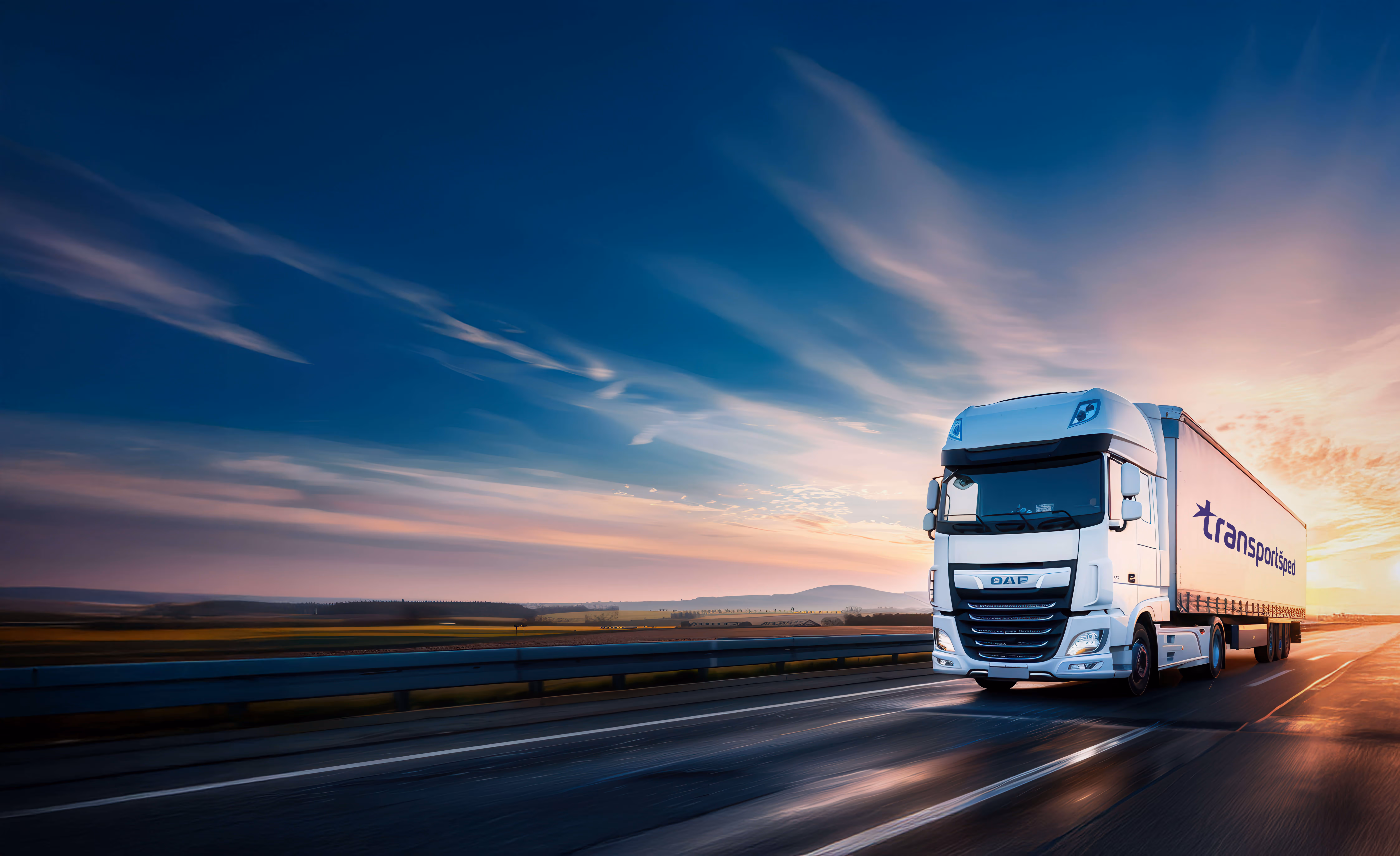 White semi-truck with 'transportsped' logo driving on highway at sunset under a blue and orange sky.