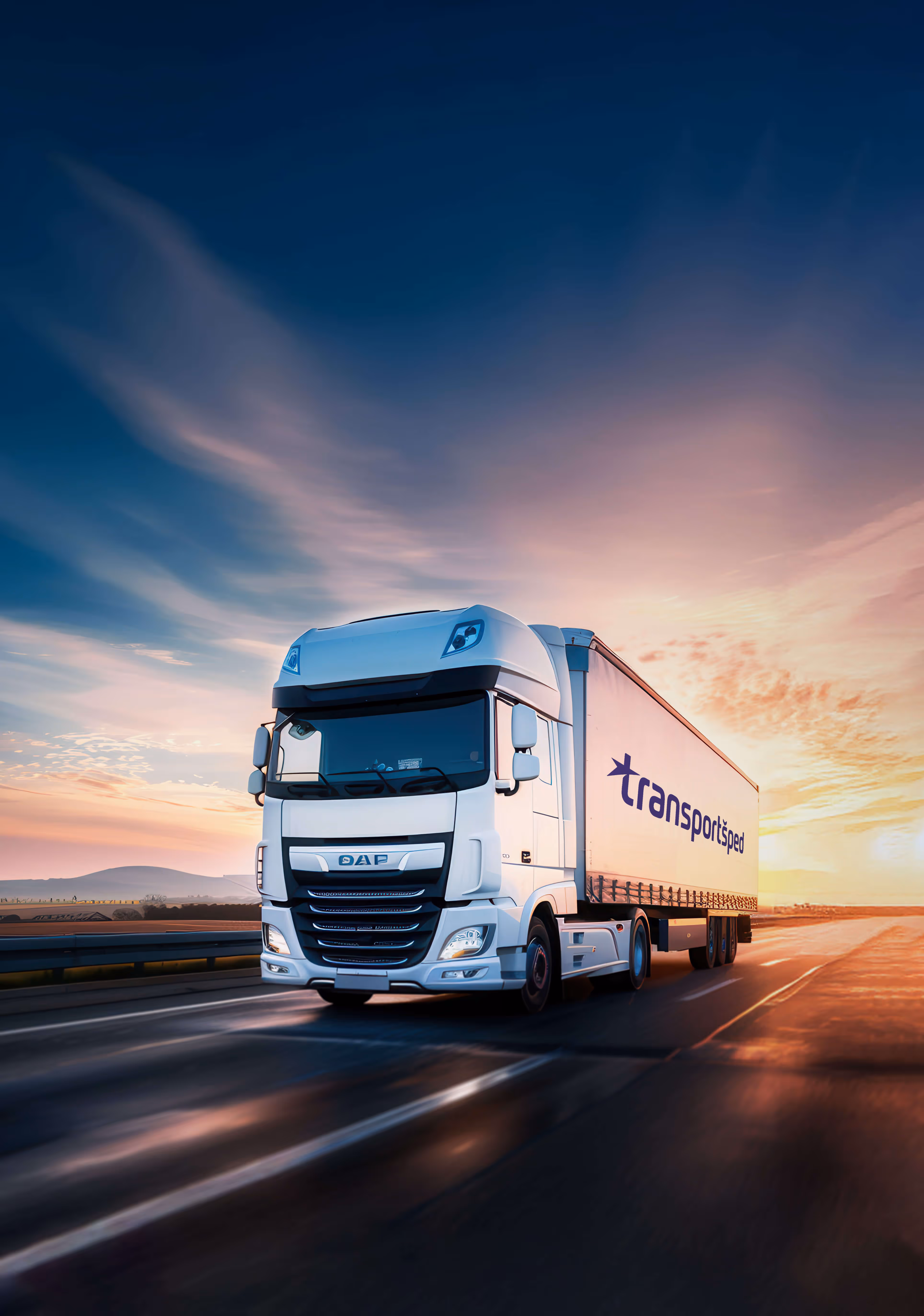 White semi-truck with ‘transportsped’ trailer driving on highway during sunset.