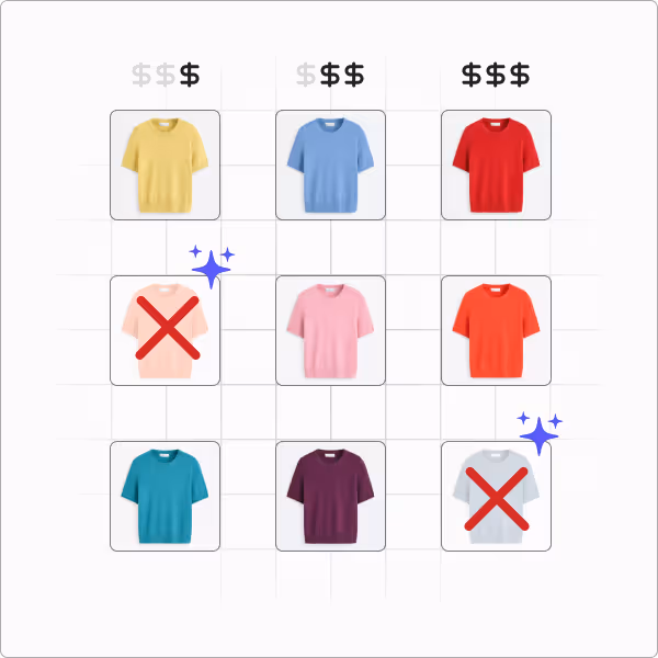Grid of nine t-shirts in three columns labeled with increasing dollar signs- single dollar for yellow, blue, red shirts in top row; two dollars for middle row with pink and red shirts and a pink shirt crossed out; three dollars for teal, maroon, and light gray shirts with gray crossed out in bottom row.