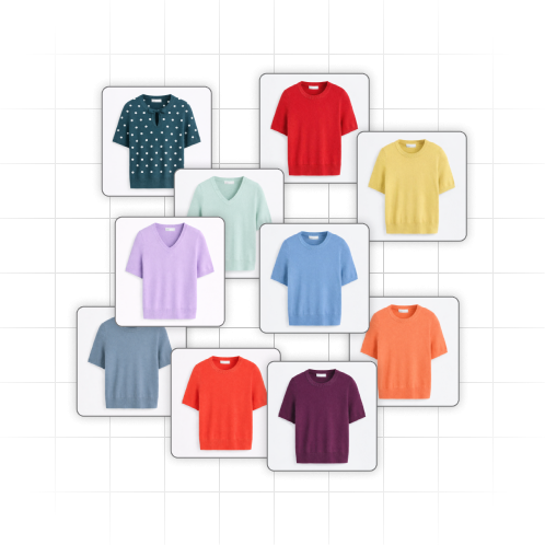 Illustration of two t-shirts surrounded by icons representing social feedback, favorites, signal strength, heartbeat, and analytics connected by blue lines.