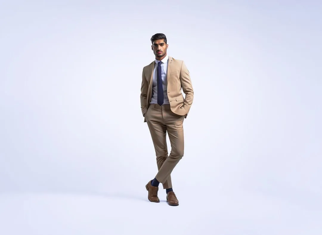 A man in a beige navy suit standing in front of a blue wall.