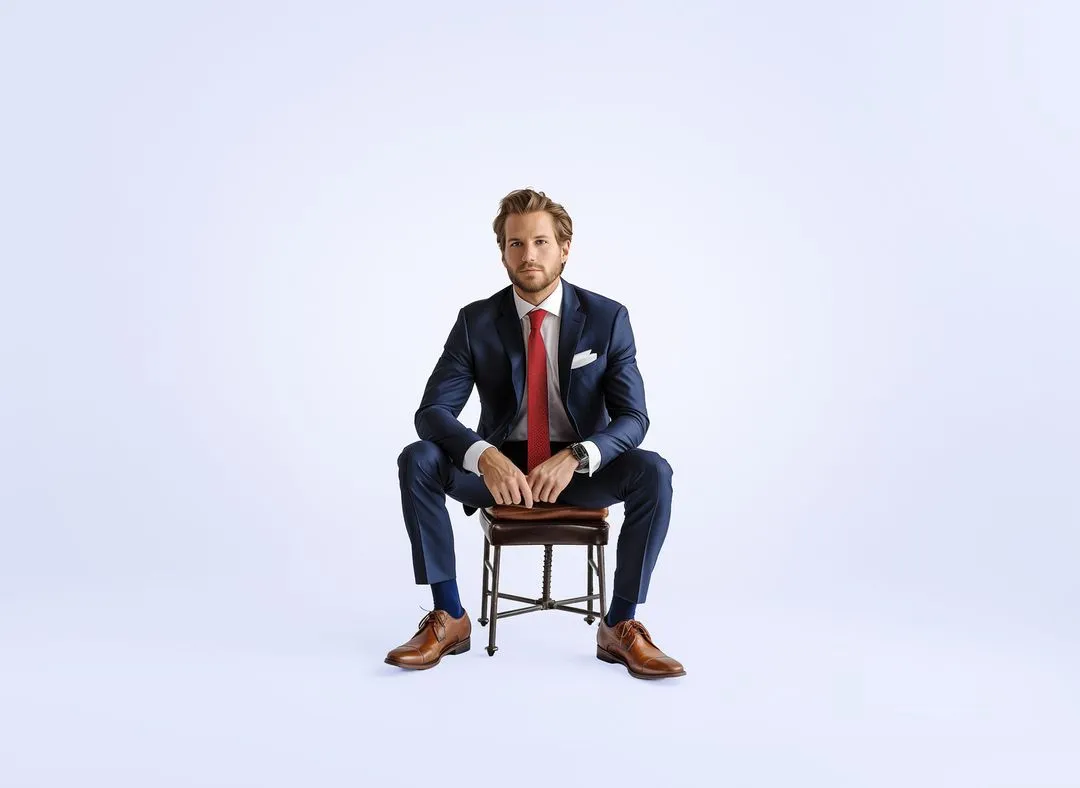 A man wearing a suit and tie sitting on a chair.