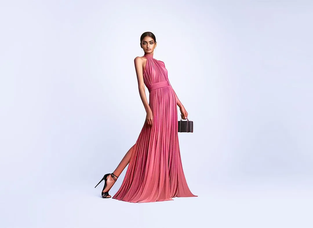 A woman in a pink dress holding a purse.