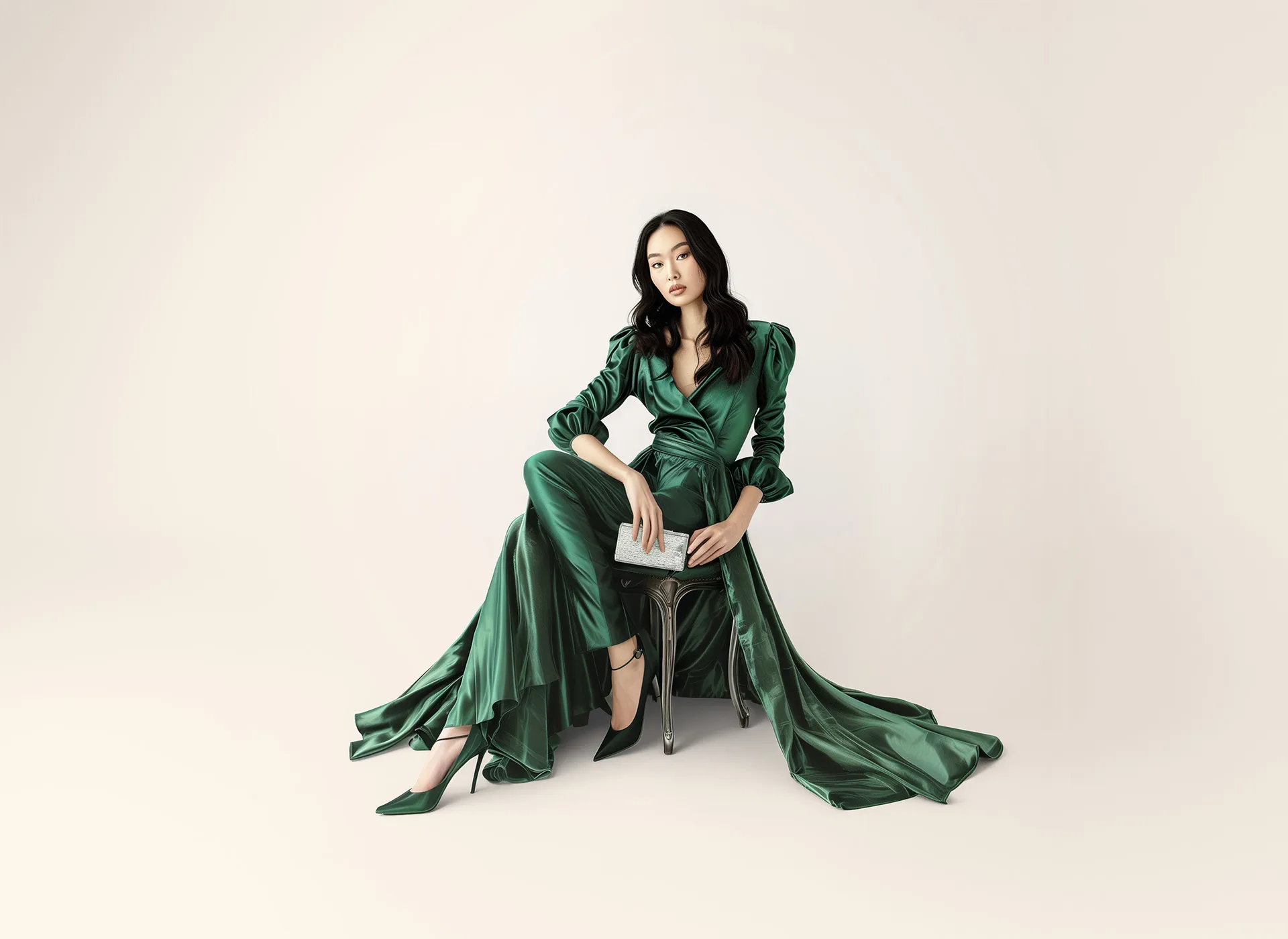 A woman in a green dress sits on a chair.