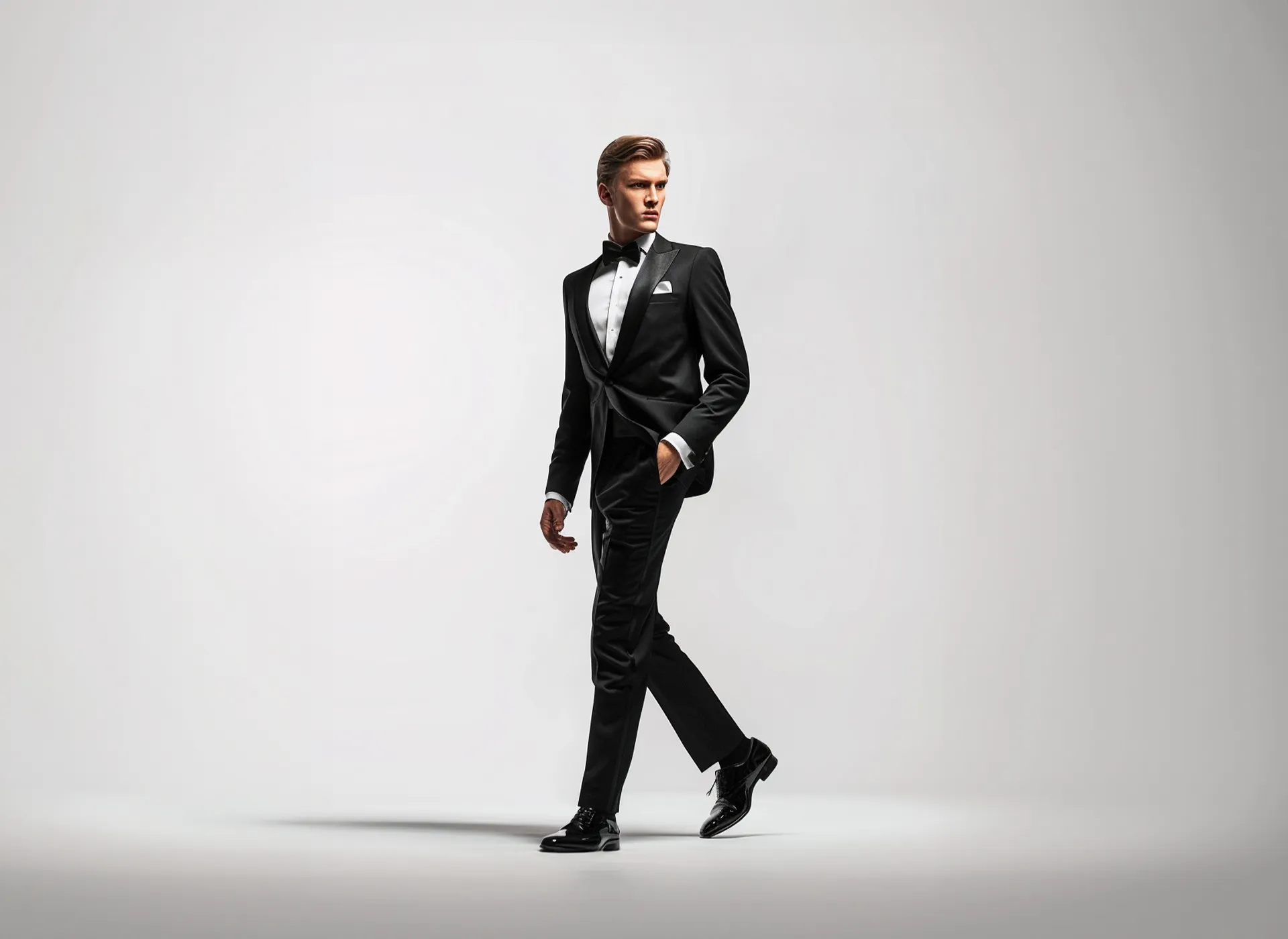 A man wearing a black tuxedo and bow tie.