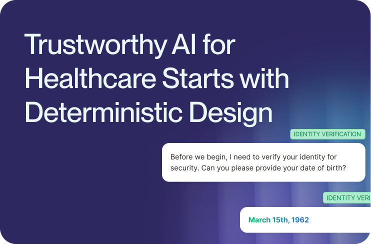 Article title card reading Trustworthy AI for Healthcare Starts with Deterministic Design, beside a sample voice agent exchange verifying a caller's date of birth