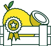 Wooden crate holding a lemon, a halved lemon, and a ribbon award with a star.