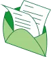 Green open envelope containing white sheets of paper with lines.