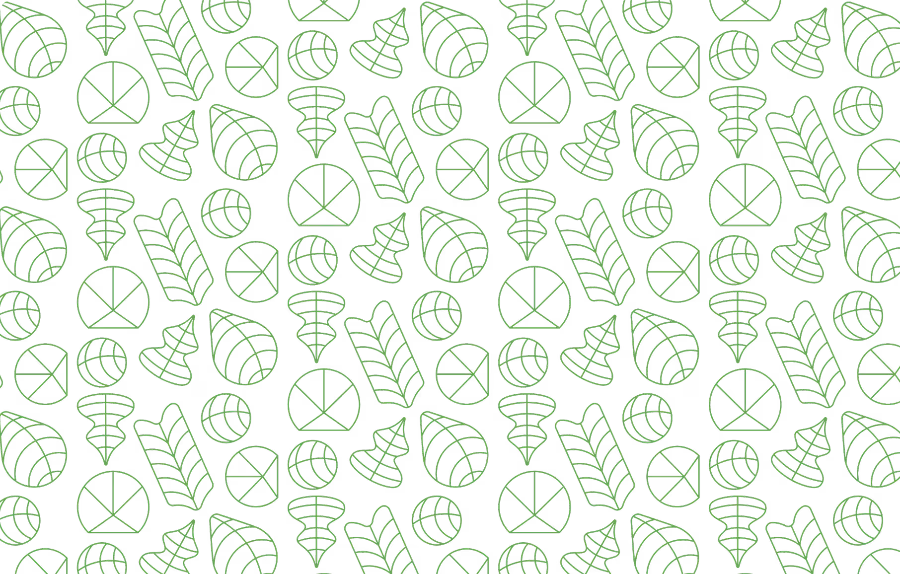 Seamless black background pattern with various green outlined geometric shapes and leaf designs evenly spaced.