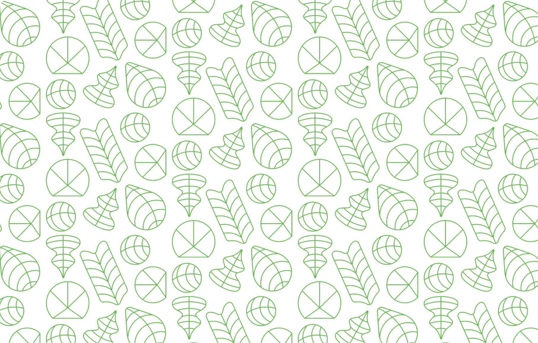 Seamless black background pattern with various green outlined geometric shapes and leaf designs evenly spaced.
