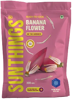 Pink package of SUNTHINGS Ready-to-Cook Banana Flower weighing 200 grams with illustrations of banana flowers.