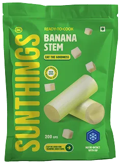 Green package of Sunthings ready-to-cook banana stem weighing 200 grams with nutrition info and food safety icons.