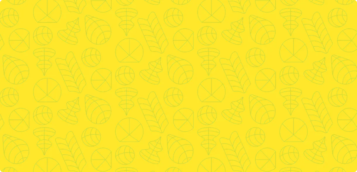 Yellow background with a repeating pattern of light green geometric shapes including circles, leaves, and spiral cones.
