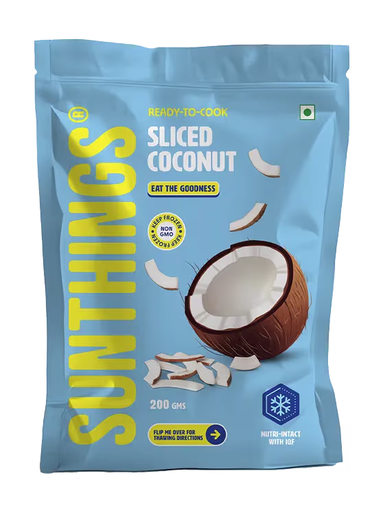 Blue packet of SUNTHINGS ready-to-cook sliced coconut, showing half a coconut and coconut slices, labeled non-GMO and 200 grams.