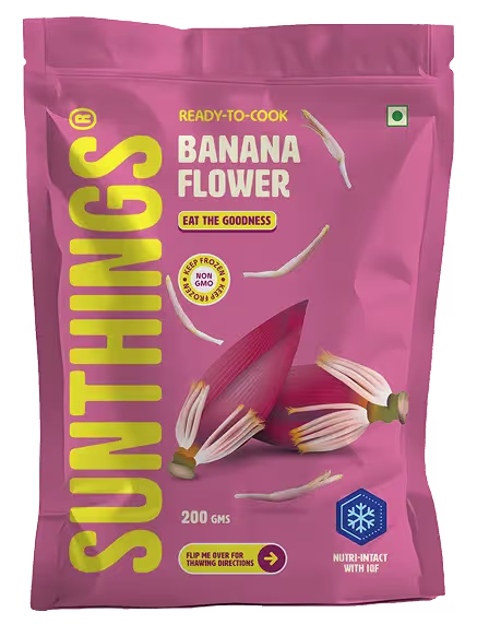 Pink package of Sunthings Ready-to-Cook Banana Flower with images of banana flowers and labels for non-GMO, 200 grams, and Nutri-Intact with IOF.