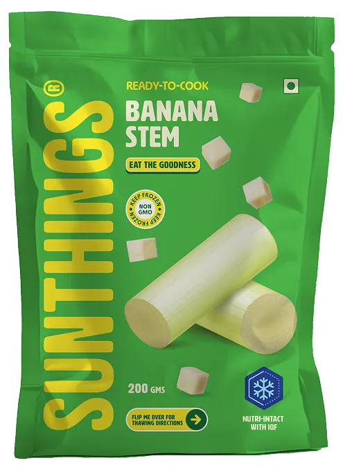 Green package of Sunthings ready-to-cook banana stem, 200 grams, featuring images of banana stem pieces and labels for no GMO and nutri-intact with IOF.