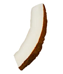 Single slice of coconut with white flesh and brown outer shell.