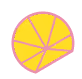 Illustration of a lemon slice with six segments outlined in pink and yellow flesh.