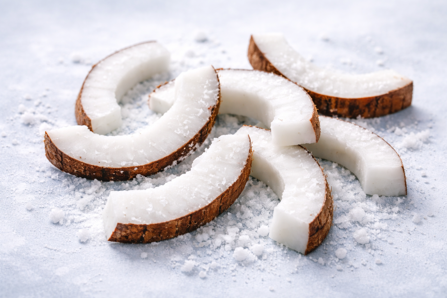 Several pieces of fresh coconut with brown shell and white flesh sprinkled with grated coconut on a light surface.