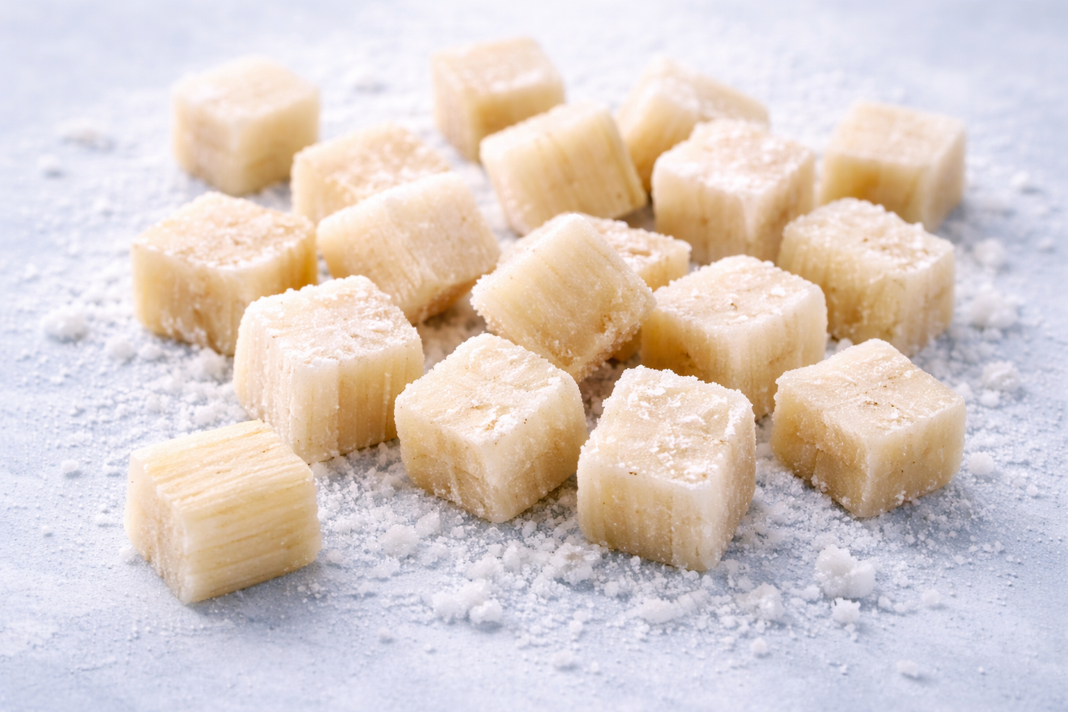 Close-up of sliced banana stem cubes sprinkled with white powder on a light surface.