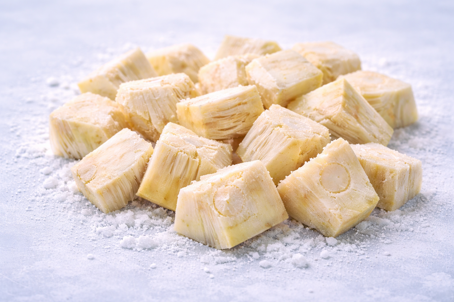 Close-up of cubed raw jackfruit pieces sprinkled with white powder on a light surface.