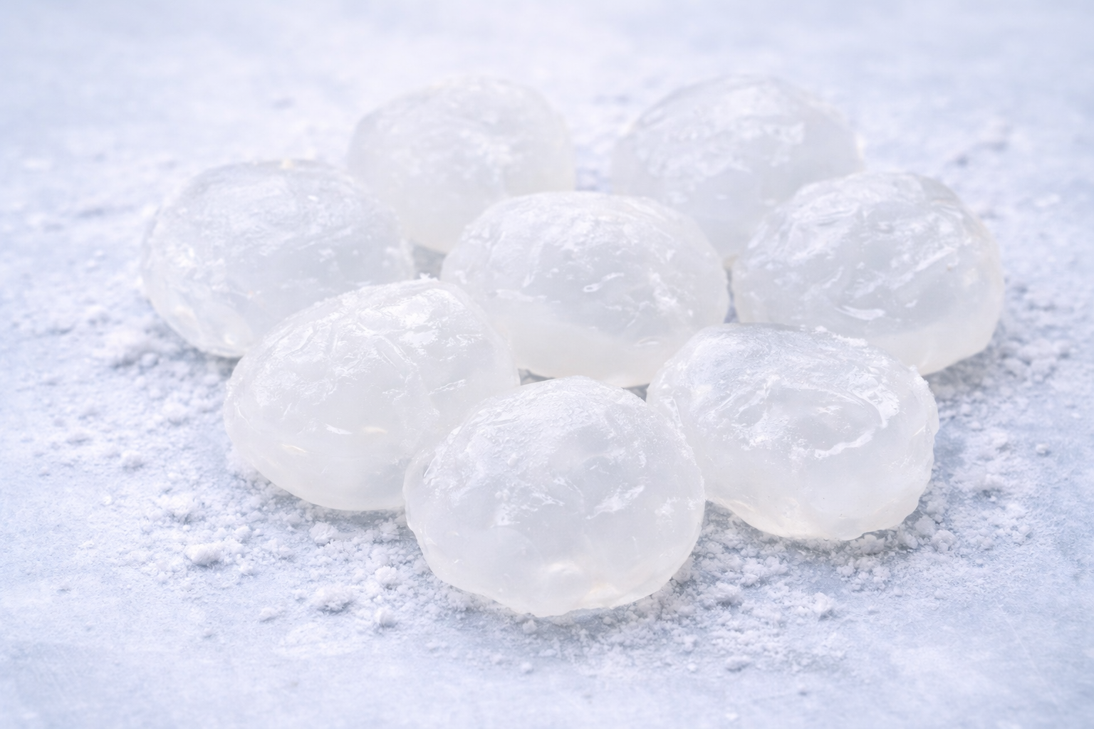 Close-up of several translucent ice apple fruits on a light surface with white powder scattered around.