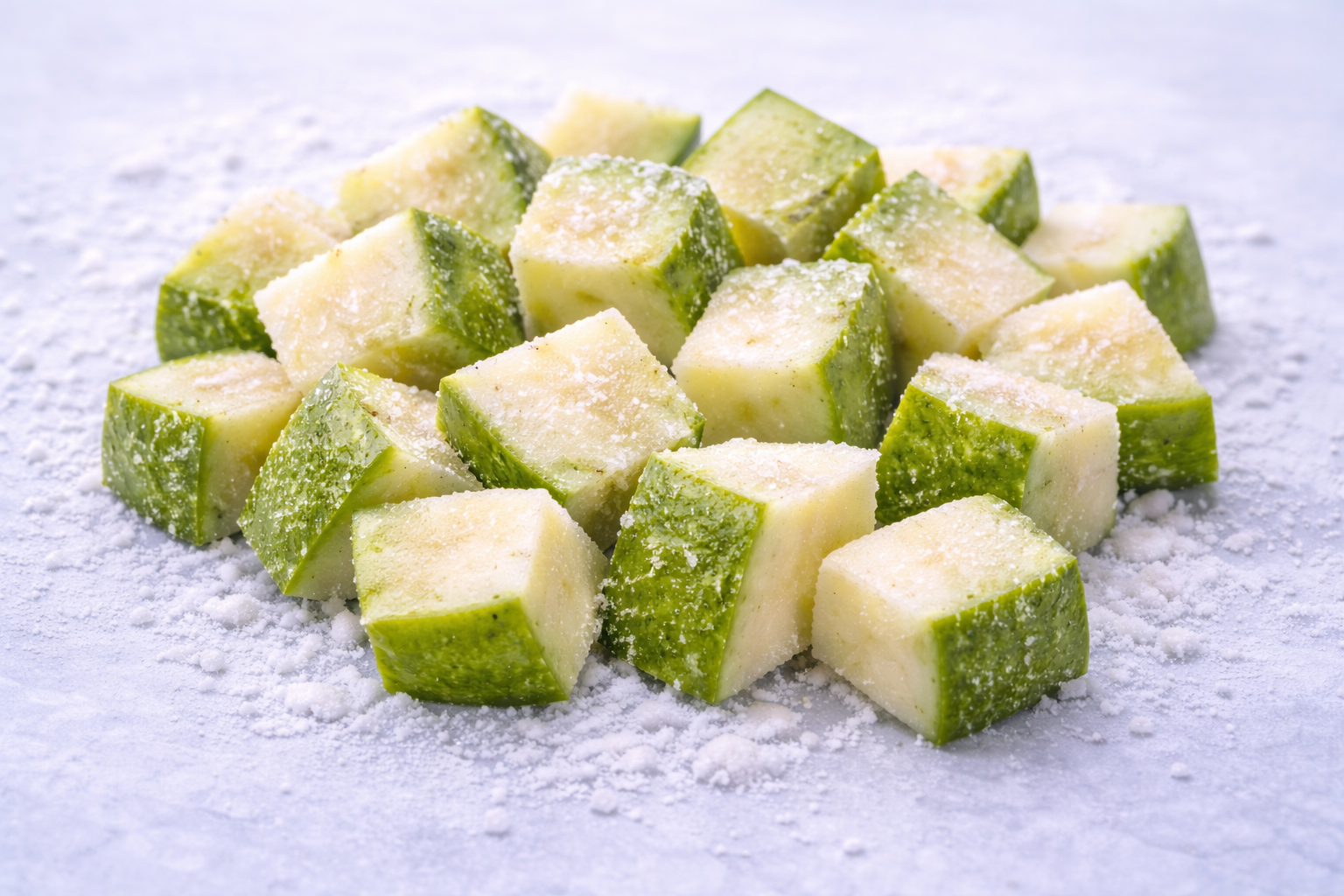 Cubed green mango pieces sprinkled with white sugar on a light surface.