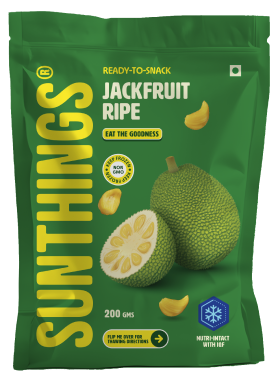 Green snack package labeled 'Suntthings' containing ripe jackfruit with images of whole and sliced jackfruit and jackfruit seeds.