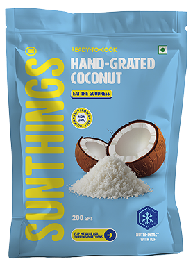 Blue packet of Suntings ready-to-cook hand-grated coconut showing halved coconut and grated coconut pile, weighing 200 grams.